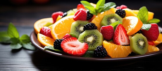 Canvas Print - A closeup shot of a colorful plate of fruit salad, showcasing a vibrant mix of fresh ingredients like strawberries and other superfoods, perfect for a healthy dish