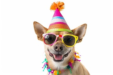 Wall Mural - Party dog dressed in a colorful summer hat and stylish sunglasses Exuding a fun and festive vibe against a white background