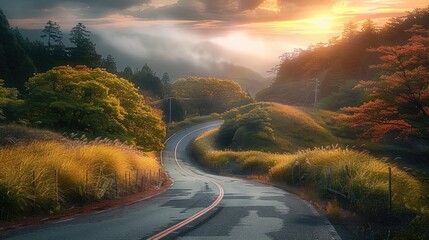 Aufkleber - A winding road beautiful rural. Generative AI.