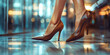 The image showcases a woman's legs wearing brown elegant stiletto heels, in an urban night scene with blurred lights