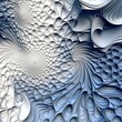 Composite materials, inspired by Van Gogh, blue and white porcelain patterns composed of minimalist staves entangled and then separated, fractal art, beating notes above chaotic lines