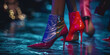 Luxurious, vibrantly colored high-heeled boots are showcased on a glossy, reflective surface amid a dynamic backdrop