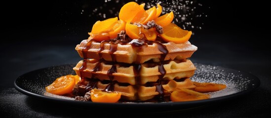 Poster - A delectable dessert consisting of a stack of waffles topped with decadent chocolate sauce and fresh oranges, served on a sleek black plate