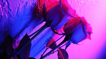 Poster - a close up of a bunch of roses in front of a blue and pink wall with drops of water on it.