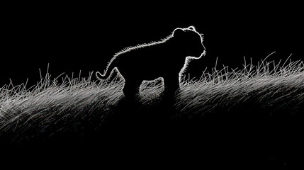 Sticker - a black and white drawing of a lion in a field of tall grass with a dark sky in the background.