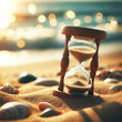 hourglass on sand, summer blured bokeh background. ai generative