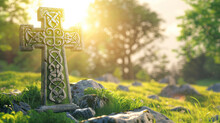Ancient Celtic Cross In Sunlit Glade, Symbolizing Peace And History.