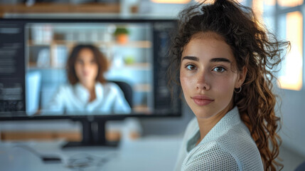 Poster - An employee woman in a video conference. Generative AI.