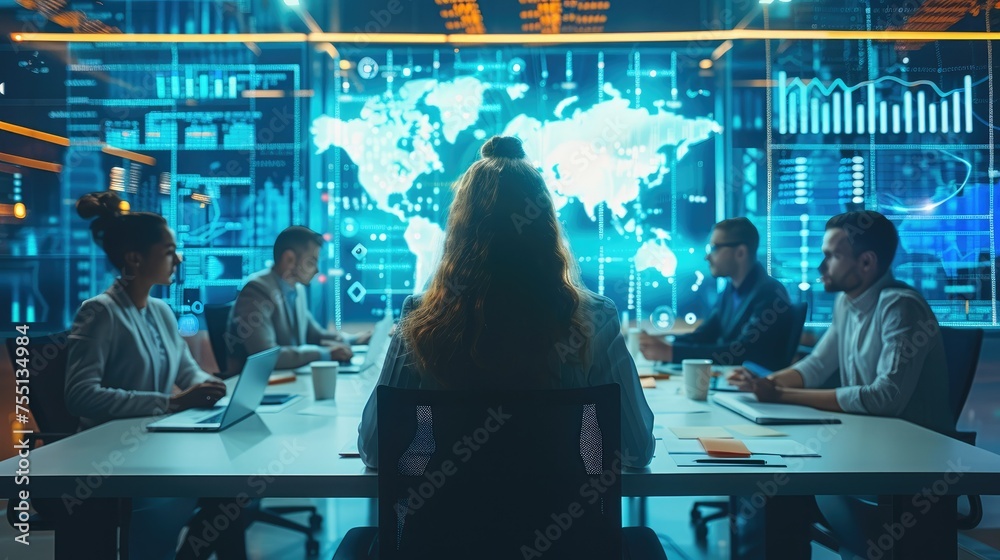 Group of people sitting around a conference table having a meeting ...