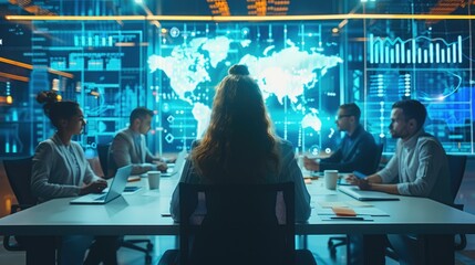 Aufkleber - Group of people sitting around a conference table having a meeting, with shimmering screens floating in the air around them displaying graphs. Generative AI.