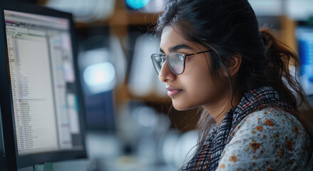 Poster - An Indian women data analyst working on her computer. Generative AI.