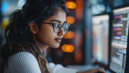 Poster - An Indian women data analyst working on her computer. Generative AI.