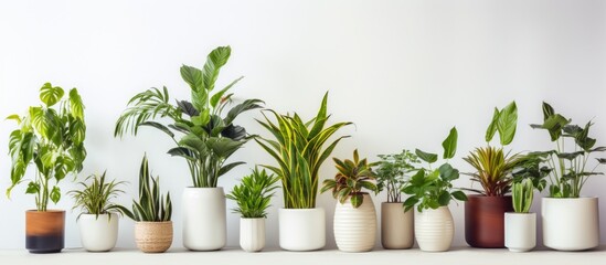 Wall Mural - A row of various house plants in different pots sitting neatly on top of a table against a white wall, serving as a modern room decoration with ample copy space.