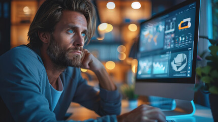 Aufkleber - A marketing professional sitting in a modern office, staring at a computer screen. Generative AI.