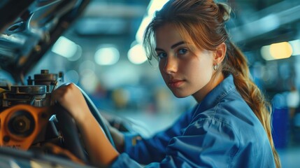Aufkleber - Mechanic woman in a blue blouse working in a car workshop. Generative AI.