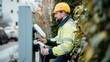 A technician in high-visibility clothing installs an electric vehicle charger, contributing to the infrastructure of sustainable transportation. AIG41