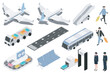 © alexdndz - Airport isometric elements constructor mega set. Creator kit with flat graphic airplanes, security control, baggage line, seats in waiting room, passengers. Vector illustration in 3d isometry design