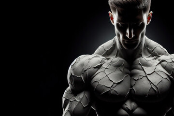 Wall Mural - Strong muscular male formed from cracked concrete isolated on a black background. ai generative