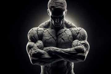 Wall Mural - Strong muscular male formed from cracked concrete isolated on a black background. ai generative