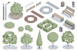 Modern park isometric elements constructor mega set. Creator kit with flat graphic street lanterns, trees and bushes, fences, benches, trash bins, pathes. Vector illustration in 3d isometry design