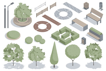 Aufkleber - Modern park isometric elements constructor mega set. Creator kit with flat graphic street lanterns, trees and bushes, fences, benches, trash bins, pathes. Vector illustration in 3d isometry design