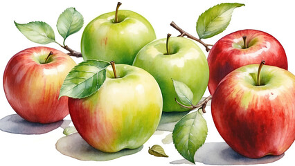 Ripe apples with leaves. Watercolor illustration. Fruit  background
