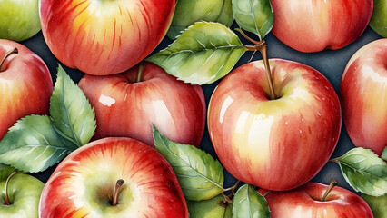 Ripe apples with leaves. Watercolor illustration. Fruit  background