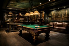 Vibrant room pool table. Home architecture. Generate Ai