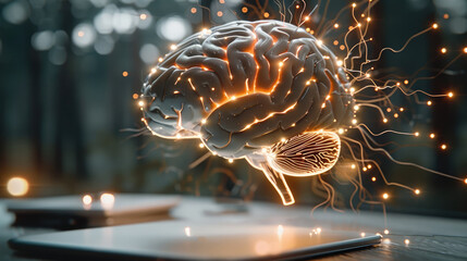 Aufkleber - Focused brain model with memory-related symbols, neural pathways illuminated. Generative AI.