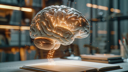 Aufkleber - Focused brain model with memory-related symbols, neural pathways illuminated. Generative AI.