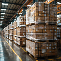 Leinwandbilder - In a logistics warehouse, plastic-wrapped items are loaded on pallets. Generative AI.