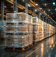 Leinwandbilder - Items loaded onto a pallet in a logistics warehouse, wrapped in plastic. Generative AI.