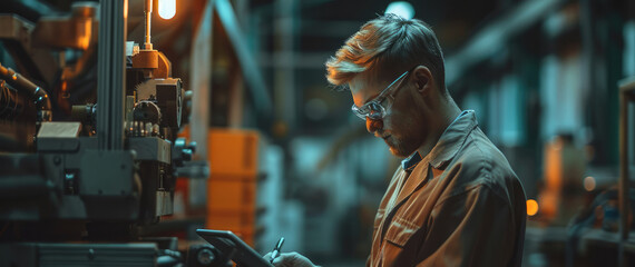 Leinwandbilder - Man working on tablet in manufacturing dark factory and machines. Generative AI.
