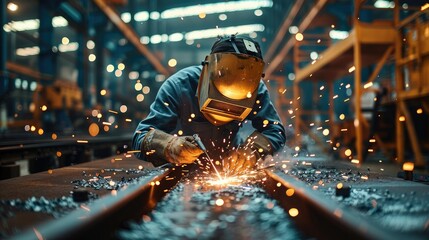 Poster - One person welding metal with sparks coming from the machine at factory. Generative AI.