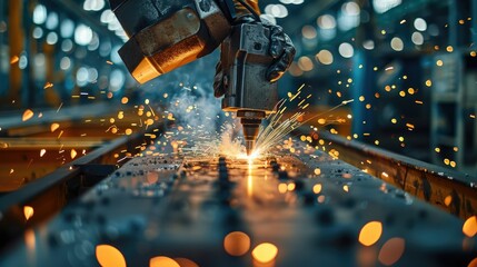 Poster - One person welding metal with sparks coming from the machine at factory. Generative AI.