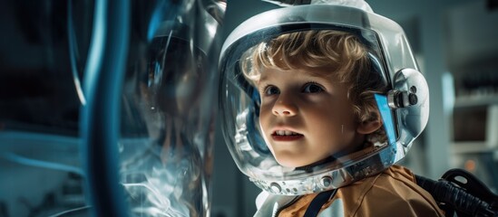 Wall Mural - a toddler dressed as an astronaut gazes out the window with a happy smile on his face. his electric 