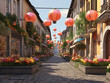 Laternenfest, eine prachtvoll dekorierte Straße mit vielen bunten Laternen