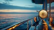 A close-up of a ship's helm at the helm stand, with the compass illuminated by the soft light of dawn. The ocean extends into the horizon, reflecting the morning sky.