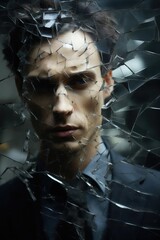 Artistic double exposure photo of a man with shattered mirror effect, capturing the ephemeral beauty of fractured reflections