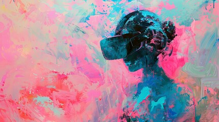 Woman wearing virtual reality goggles in graffiti style with large paint strokes. Virtual reality headset. Concept of technology and cyberspace. Illustration for banner, brochure, advertisement, card.