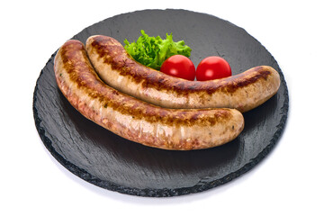 Wall Mural - Grilled German Pork Sausages, munich sausage, close-up, isolated on white background.