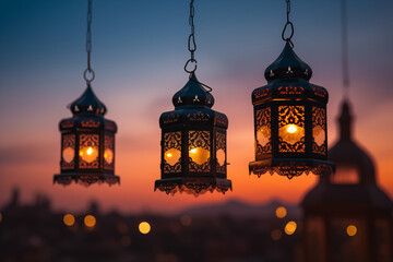 traditional Ramadan lanterns silhouetted against a twilight sky, Ramdan concept. 