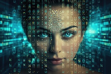 Leinwandbilder - Female face with matrix digital numbers artifical intelligence.