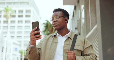 Poster - business man, video call and smile in city with earphones, listen or conversation with contact in ro