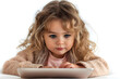 a little girl,attentively looking at a laptop screen highlighted on a white background, the concept of generation alpha,education,child development,Internet hygiene,medical, psychological research