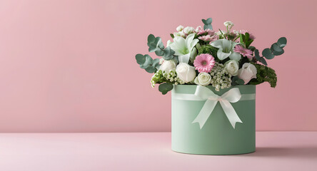 Wall Mural - green gift box for flowers with a bow with brassica,trachelium,dianthus,eucalyptus,lisianthus,sedum,dahlia,pink background,copy space,floristry concept,greeting and festive materials,floral design