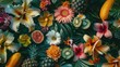 Background of tropical flowers and fruits.  AI generative.