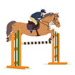 vector illustration of a jockey on a horse in a high jump. The theme of equestrian sports, training and animal husbandry. Isolated on a white background
