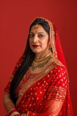 Indian Hindu Woman in Red and Gold Sari. Generative AI