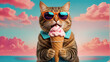 cute cat with ice cream in sunglasses holiday